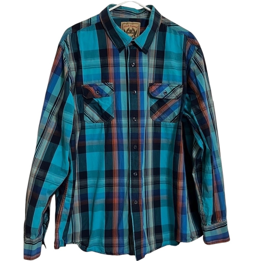 Red Camel Mens Light Blue Long Sleeve Button Up Plaid Shirt 2XL